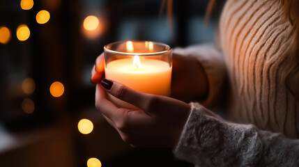 A warm and intimate scene of a woman lighting a candle indoors.