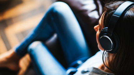 A woman relaxes indoors while listening to music through headphones.