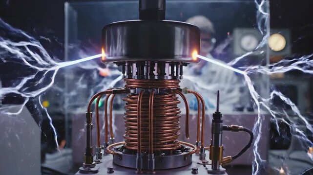 Complex metal device with copper coils and electrical discharge, in a lab setting