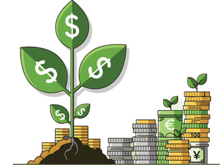 A detailed vector illustration featuring a sapling with dollar sign leaves growing from soil, accompanied by rising stacks of gold coins and bills, symbolizing sustainable financial growth.