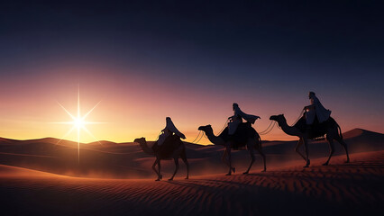 Three riders on camels journey across the desert dunes under a radiant star during a colorful sunset.