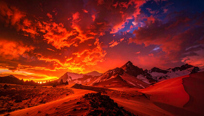 coucher de soleil rouge intense sur des montagnes enneig&eacute;es et dunes