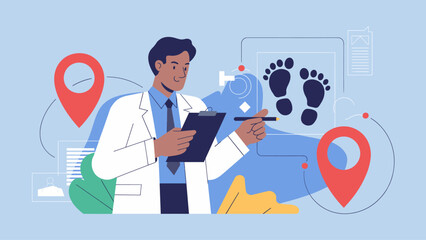 forensic expert analyzing footprints and crime scene locations vector illustration