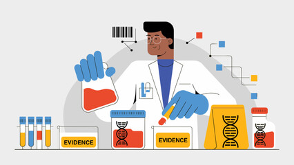 forensic scientist in a lab analyzing dna and blood samples flat vector illustration