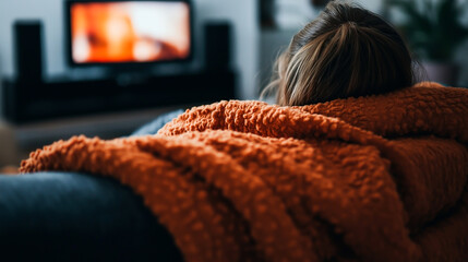 A woman relaxes on a couch wrapped in a warm blanket while watching TV.