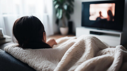 A woman relaxes on a couch wrapped in a warm blanket while watching TV.