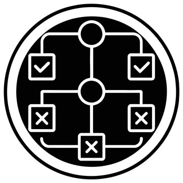 A black and white flowchart diagram in a circular design