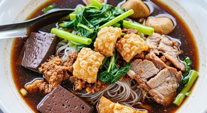 Robust Thai Boat Noodles (Guay Tiew Reua) with Rich Dark Broth and Tender Braised Pork