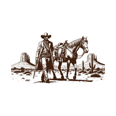 Obraz premium A cowboy walking with a horse in the desert landscape