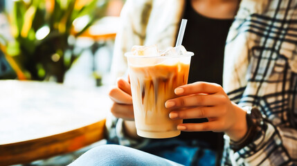 A close-up of a person enjoying a large iced coffee in a caf&eacute;.