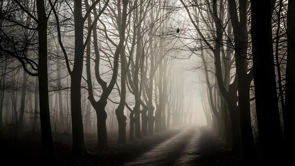 Mysterious foggy forest path with tall bare trees