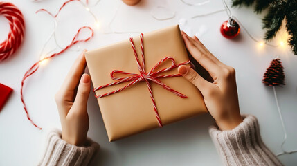 A pair of hands holding a wrapped present with a red-and-white candy-style ribbon.