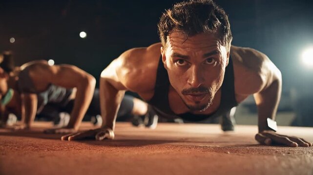 夜のトラックで腕立てを行う男性が強い意志と継続力を示す