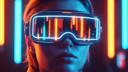 Person wearing a futuristic VR headset experiencing a digital world. - Powered by Adobe
