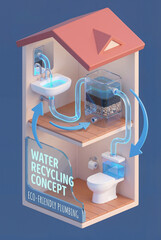 Isometric concept of eco-friendly water recycling. Filtration system collecting sink water for toilet flushing to reduce household water consumption and save resources.