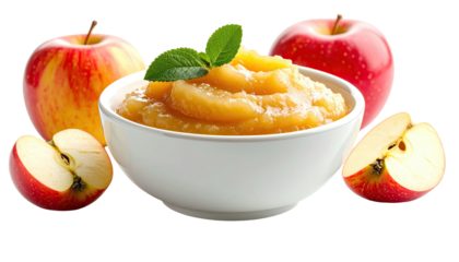 A white bowl of applesauce with whole and sliced red apples on a black backdrop