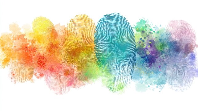 Colorful painted watercolor fingerprints on a white background. Creativity and unique identity with diverse art. Abstract vibrant design element.