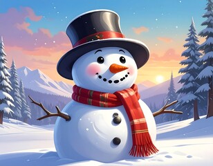 Obraz premium Charming Snowman Illustration in Winter Wonderland Landscape.