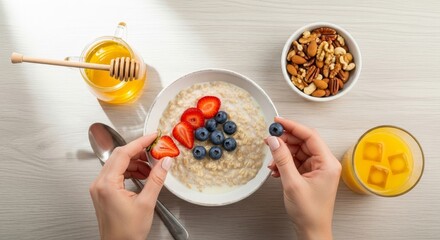 Top View of Hands Preparing Healthy Oatmeal Bowl with Fresh Fruits. Represents healthy eating, nutrition, diet, and morning routine.