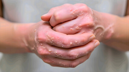 Fototapeta premium Close-up shot of two hands clasped together, showing skin with visible redness and scaly patches, possibly related to a skin condition.