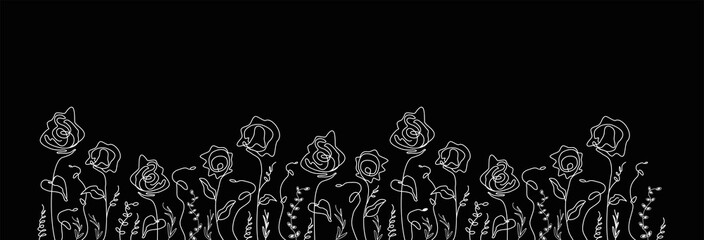 bacground of abstract leaves,  flowers. isolated roses on a black background. hand-drawn illustration in doodle style. the art of one line. for print, banners, postcards, holiday ideas. art  wallpaper