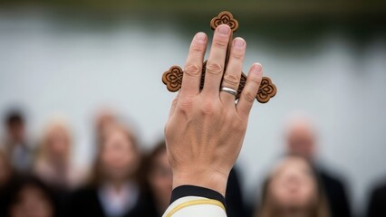 Male hand holding a wooden cross during a religious ceremony. Christian blessing with a silver ring. Faith and spirituality concept