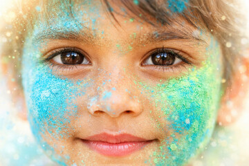 Joyful child with colorful face paint celebrating holi festival in vibrant close-up portrait