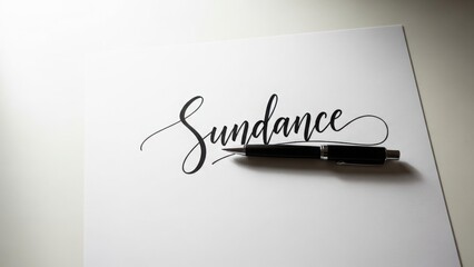 "Sundance" word written in elegant black script calligraphy on white paper. Black pen. Flat lay composition with copy space