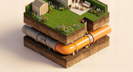 Cross section of a garden showing trenchless pipe replacement with workers installing a new orange utility line under a lawn.