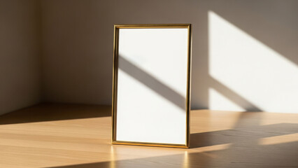 Vertical empty gold picture frame standing on wood. Blank white mockup with natural light and shadows. Copy space for text