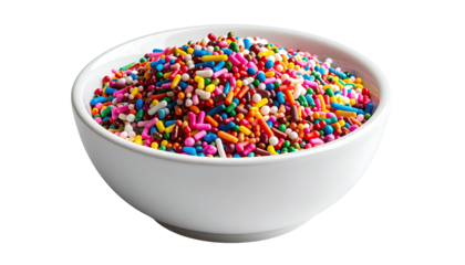 A white bowl overflowing with vibrant, colorful sprinkles, captured against a clean, black background