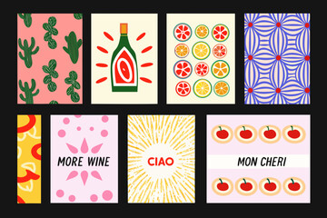 A collection of colorful patterned cards featuring fruits wine and playful text