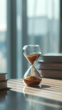 Glass hourglass with golden sand on wooden desk beside stacked books, near large window with city skyline view. Soft natural light illuminates time management and patience concept in modern office set