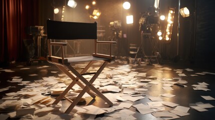Director chair with scattered script pages on a film set, depicting the creative process of filmmaking. Symbolizes hard work and drama.