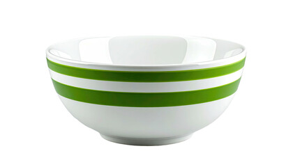A white ceramic bowl with vibrant green stripes encircling its exterior, isolated against a black backdrop