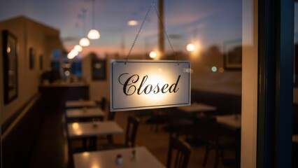 Restaurant 'Closed' sign glowing in a window. Empty dining room interior at dusk