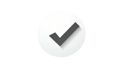 A white circular button featuring a dark grey checkmark with a subtle shadow against a black backdrop