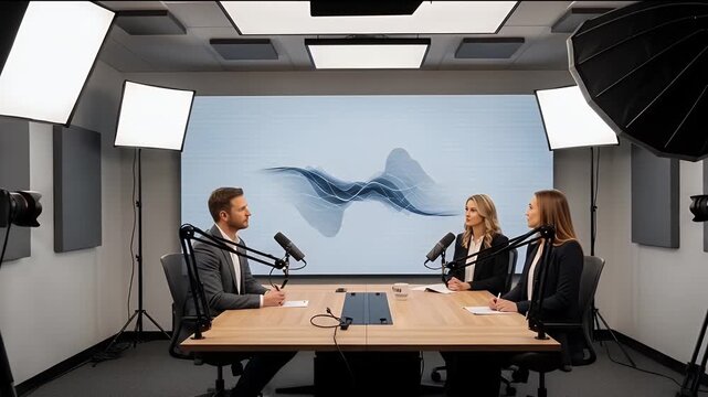 podcast studio discussion with three hosts and blue wave background