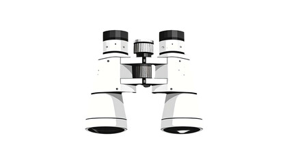 A white illustration of binoculars with a central focusing knob and black lenses, isolated on black
