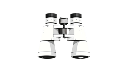 A white illustration of binoculars with a central focusing knob and black lenses, isolated on black