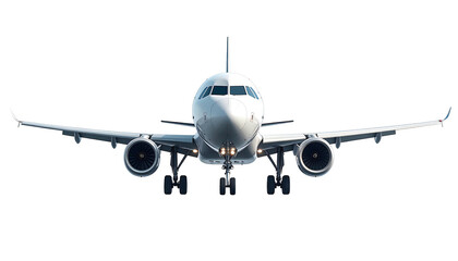 A white jet plane is shown head-on, with landing gear down and wings outstretched