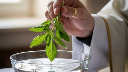 Hand of a priest performing a religious ritual with holy water and green leaves. Christian blessing ceremony for purification