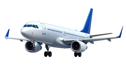 Obraz premium A white passenger aircraft with blue accents prepares for takeoff against a dark background