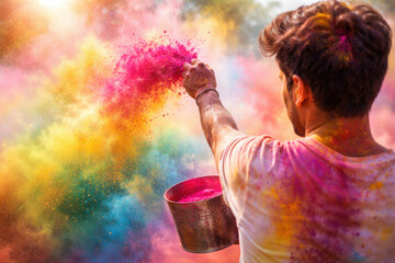 Man celebrating holi festival with vibrant color powder explosion outdoors
