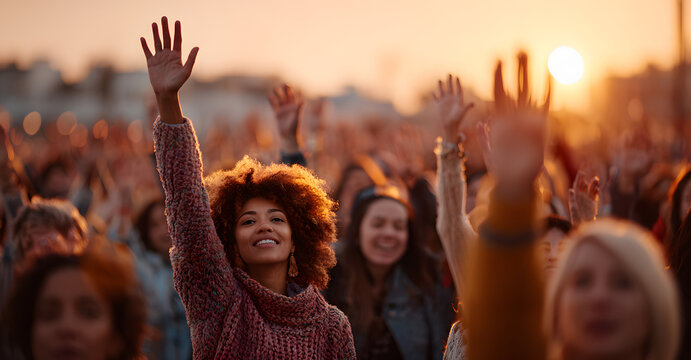 Group of diverse women protest outdoors raising hands. Cheerful females demonstrate for rights. Girls wear casual outfit. People rally for gender equality social justice. Crowd supports movement at - Powered by Adobe