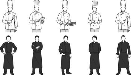 Professional chef characters collection, kitchen staff vector illustration, male cooks in uniform poses, restaurant workforce line art set, culinary team design
