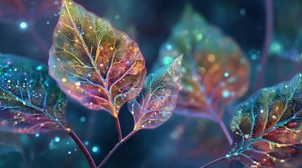 Vibrant abstract leaves with iridescent veins and sparkling particles creating a magical glow. Futuristic botanical art for design, wallpaper.