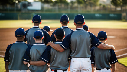 グラウンドで立ち並ぶ野球チームの後ろ姿