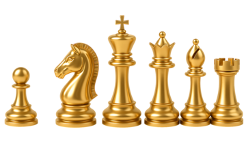 Set of golden chess pieces standing in a row including king queen bishop knight rook and pawn isolated on transparent background