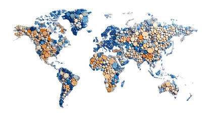 A world map outline filled with a mosaic of blue, orange, and white spheres